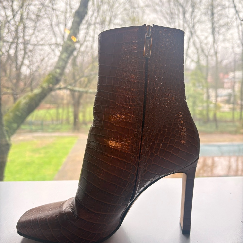 Jimmy Choo Camel Croc-Embossed High Heel Ankle Boots - Picture 6 of 9